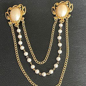 Rare Miriam Haskell Chatelaine Double Brooch Large Faux Pearls Ornate Gilt